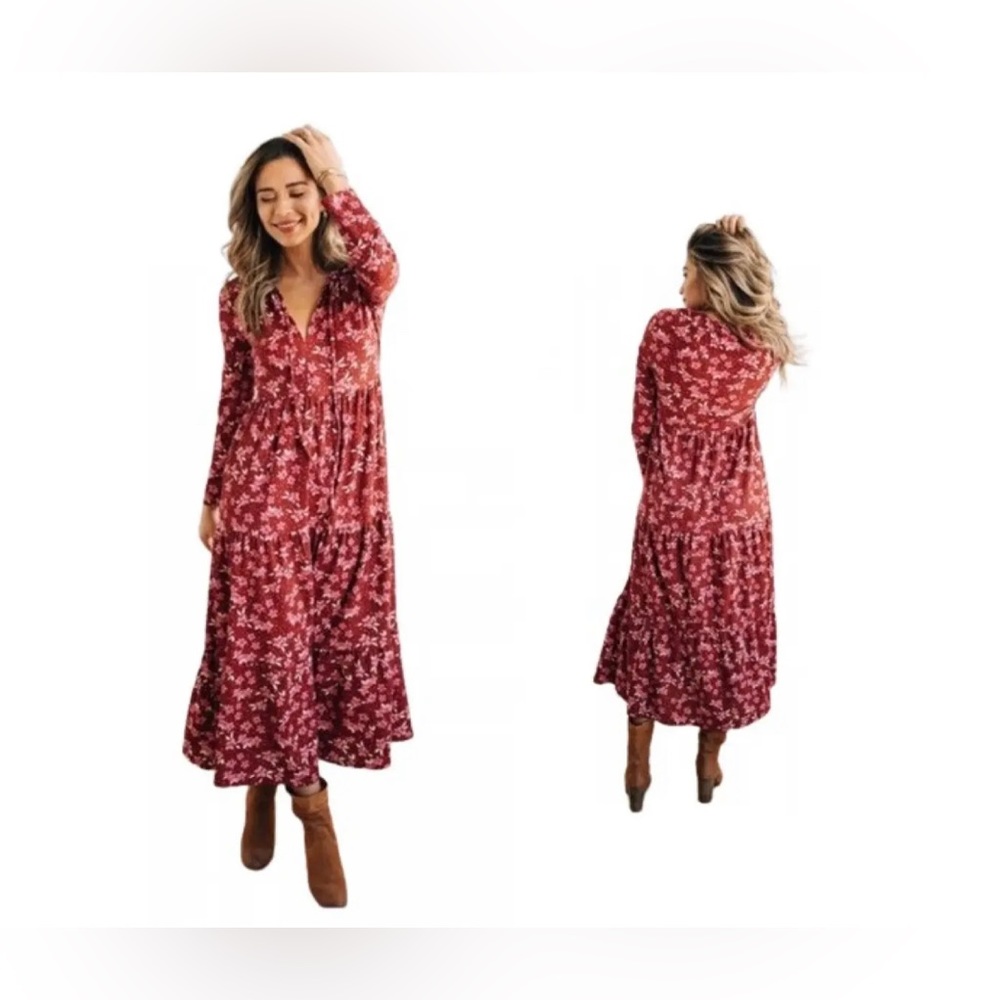 Free People - Maroon & Pink Floral Print Long Sleeve Maxi Dress Sz XS